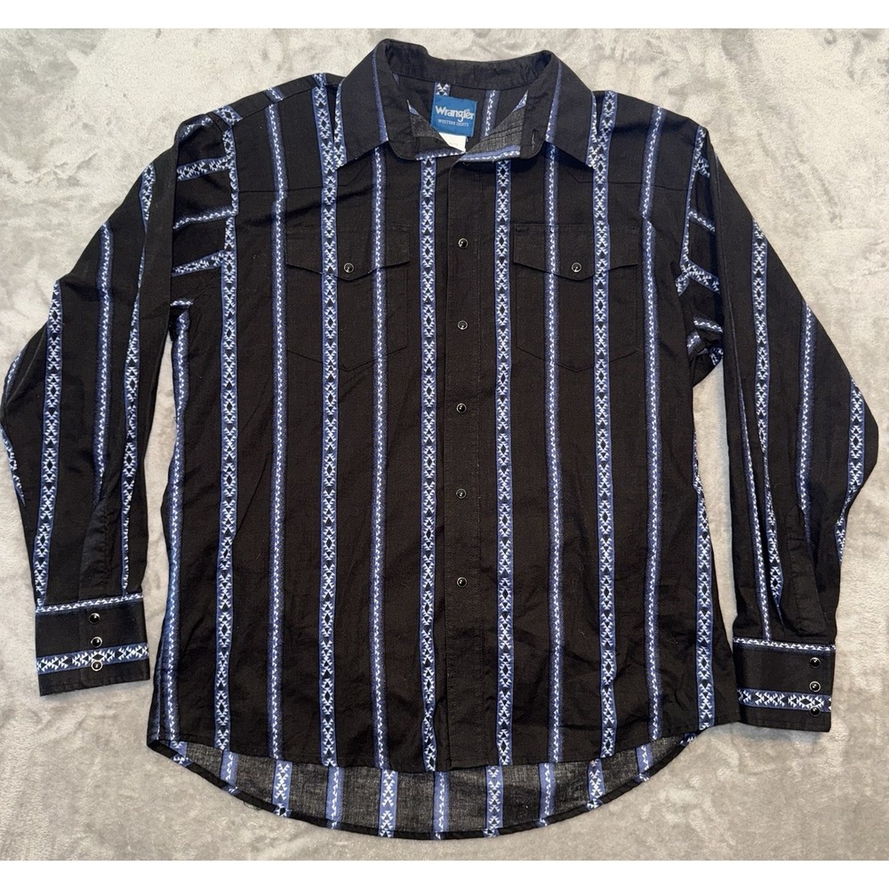 Wrangler Western Shirt Mens XL Aztec Cowboy Rodeo Pearl Snap Ranch Black Blue